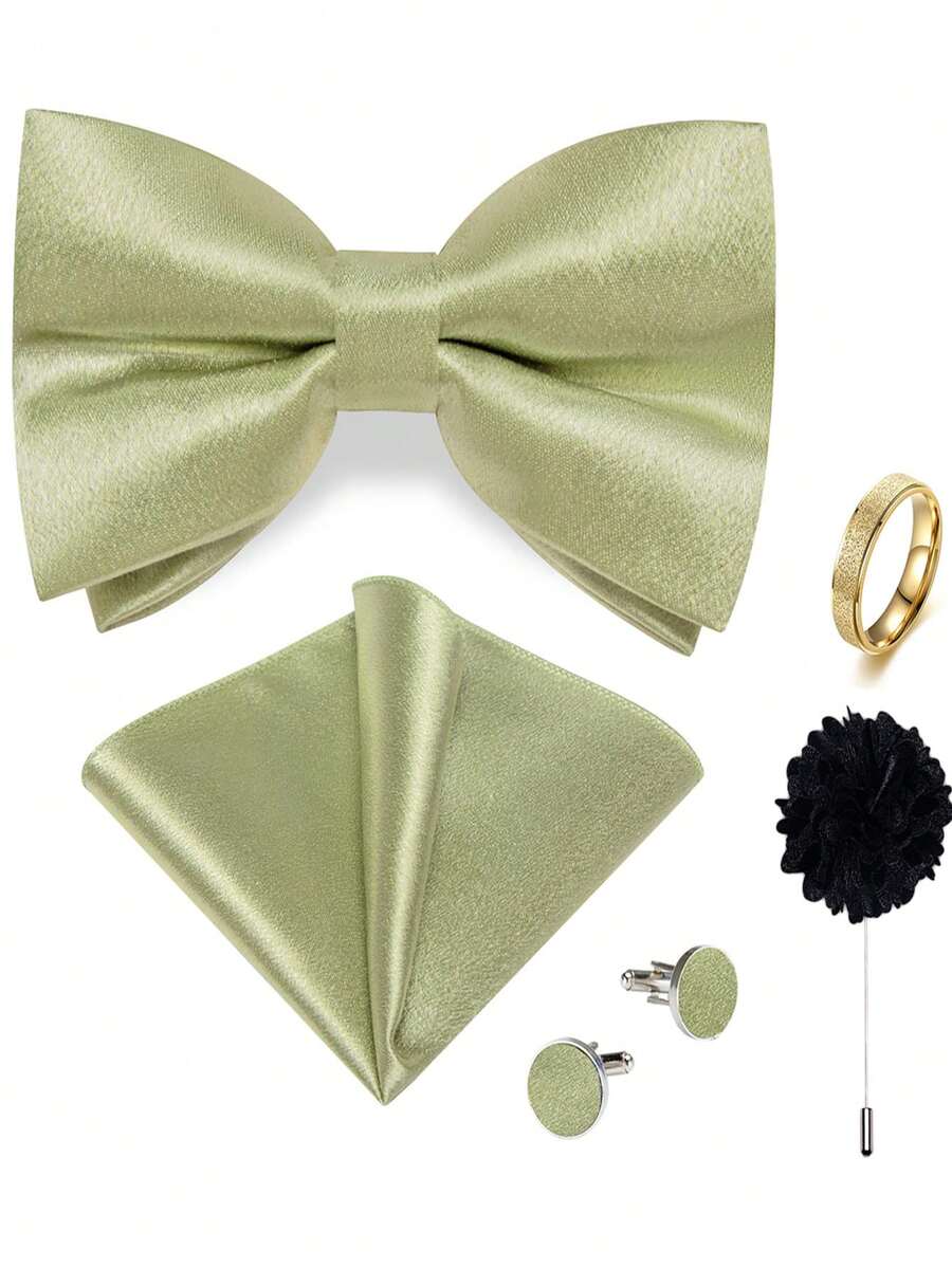 5Pcs Mint Green Men Accessory Set, Bow Tie Pocket Square Cufflinks Brooch Detachable Ring,Random Cufflink Patterns,Accessories For Wedding - Mint Green - View 1