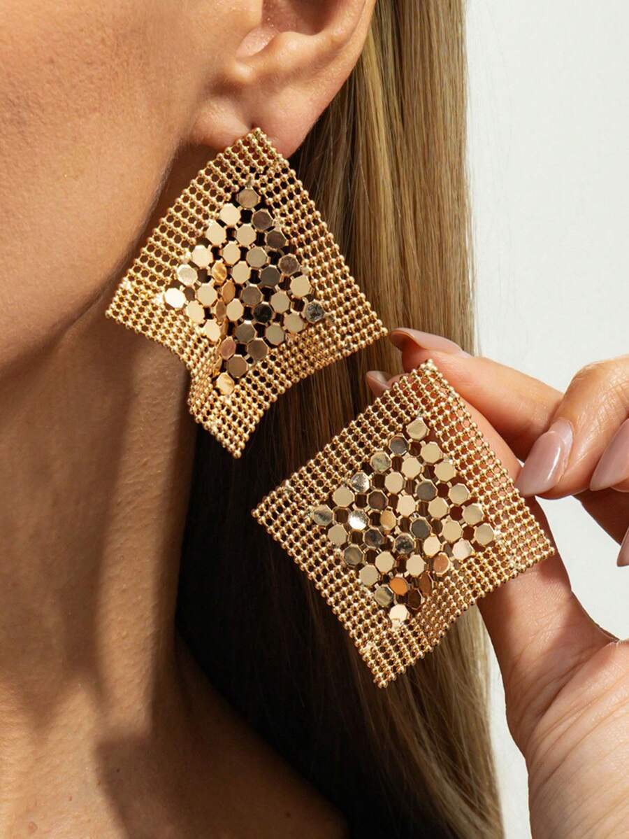 1 Pair Metal Mesh Earrings, Fashion Metal Rhinestone Sequin Tassel Earrings, Exaggerated Metal Plate Earrings, Gold Earrings - Gold - View 1