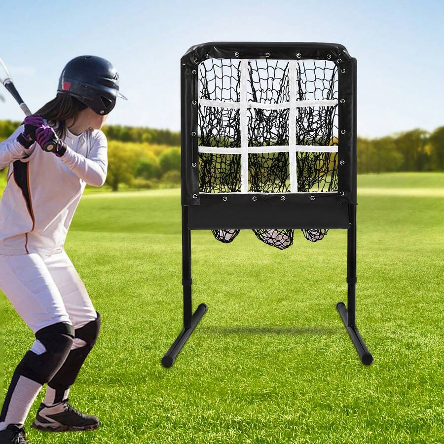 Adjustable Height Baseball Pitching Net With 9 Target Zones, Portable Backyard Training Net With Ground Stakes For Backyard Baseball Training - Black - View 1