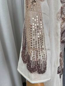 亮片刺繡 Abaya 長袍,立領長袖端莊 Kaftan,杜拜奢華版齋月晚宴禮服長袍,適合開齋節、齋月、婚禮派對 - 杏色 - 查看 11
