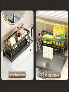 1 pieza Soporte para esponja de fregadero de cocina, organizador de fregadero con drenaje automático y bandeja desmontable para platos, soporte para cepillo dispensador de jabón, adecuado para baño, negro con asa, organizador de fregadero de cocina, soporte para esponja de cocina, soporte para jabonera de encimera, con soporte para colgar paños y secar, accesorios de fregadero, modelo nuevo 2026, estante de almacenamiento multifuncional de material plástico para cocina - Multicolor - Ver 11