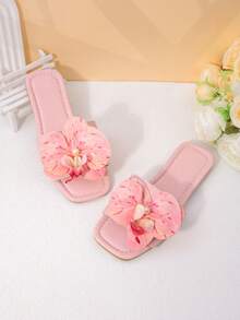 1 Pasang Sandal Anak Perempuan Motif Bunga Merah Muda, Anti Selip, Tahan Aus, Ujung Persegi, Model Rendah, Sol Datar Terbuka, Gaya Segar dan Manis, Cocok untuk Musim Semi/Panas, Pantai, Aktivitas Luar Ruangan, dan di Rumah - Berwarna merah muda - View 2