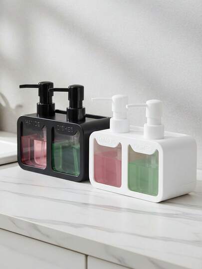 1pc 4-In-1 Kitchen Sink & Bathroom Soap & Dish Liquid Dispenser Set, Dual-Head Manual Press Liquid Storage Box With Organizer & Draining Function