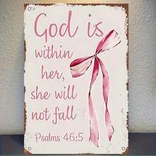Plaque en bois vintage - Nœud rose & Verset biblique "God Is Within Her, She Shall Not Fall", Décoration murale intérieure/extérieure, Convient pour le salon, la chambre, le bureau - Décoration chrétienne durable pour la maison, Design de police élégant, Effet vieilli, Cadeau de foi - Multicolore - Voir 8