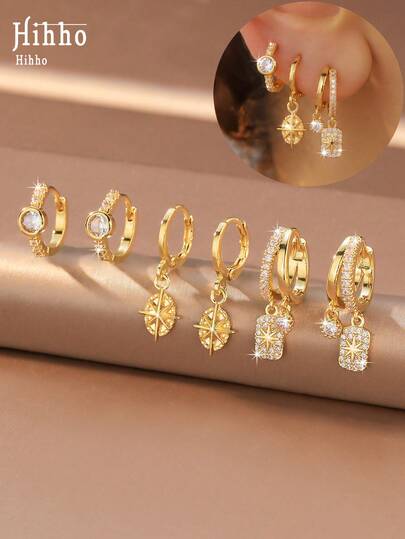 Hihho 6pcs Premium Luxury Star Earrings & Ear Drops Set, Elegant Exquisite Women's Jewelry, Layered Earrings Suitable For Daily, Holiday, Commute, Party Wear