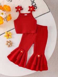 2pcs Baby Girls Floral Camisole Top And Layered Floral Ruffle Bell-Bottom Pants Set, Summer - Red - View 1