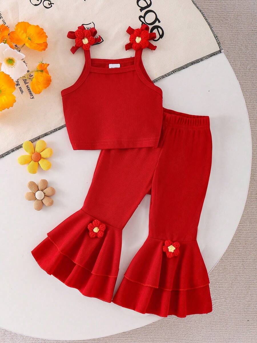 2pcs Baby Girls Floral Camisole Top And Layered Floral Ruffle Bell-Bottom Pants Set, Summer - Red - View 1