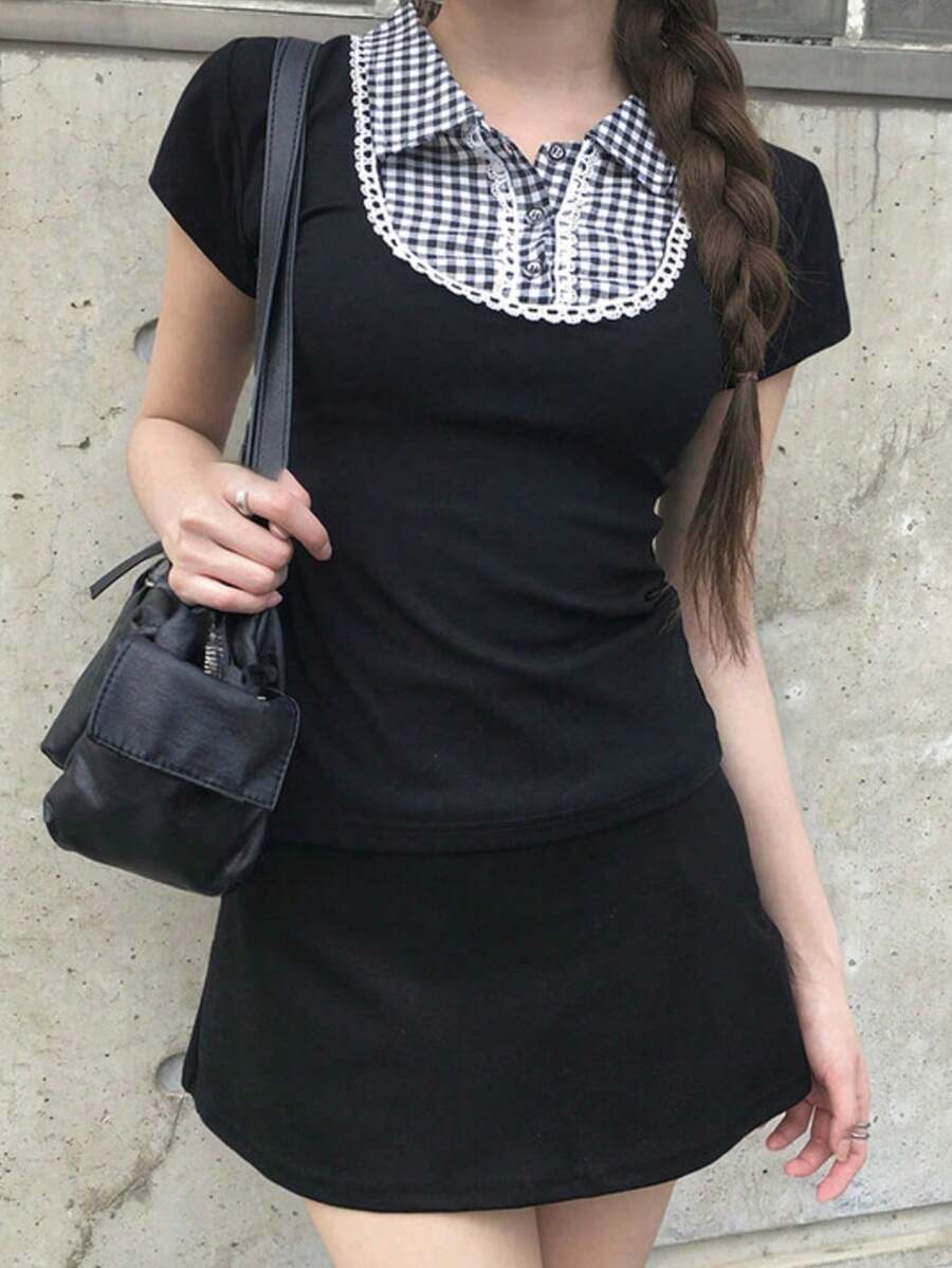 女款格紋拼接拼色休閒百搭日常短袖T恤 - 黑色 - 查看 1