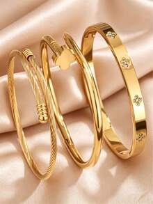 1/3pcs Stainless Steel Bracelet Set, Twisted Rope Clover Rhinestone Open Cuff Bangle, Niche Non-Fading Stackable Commuter Women's Jewelry - Gold - View 1