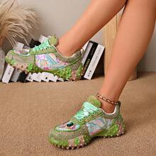Women's Thick Sole Rhinestone Chunky Sneakers, Spring/Autumn New Full Rhinestone Breathable Heavy-Duty Street Style Mesh Inlaid Rhinestone Niche Design Height-Increasing Fashion Sports Casual Shoes - Green - View 2