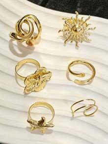 6pcs Adjustable Personalized Flower Sun Star Elegant Women's Ring Set - Gold - View 2