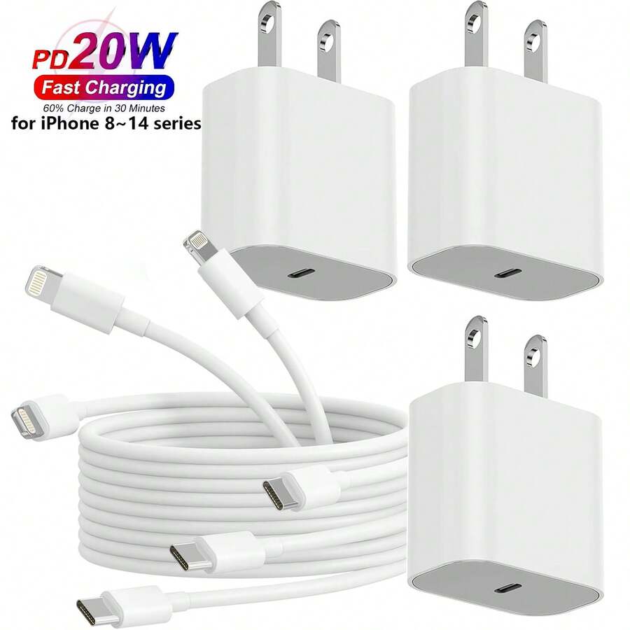 FCV 3 Paket Adaptor Charger Dinding USB C PD 20W dengan Kabel Type-C ke Lightning 6FT, Kompatibel dengan iPhone 14/14 Pro Max/13/XS/XR/X/8/7 - Putih - Steker Tipe AS A (110-127V) - View 1