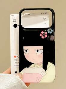 1pc Cute Long Straight Bangs Cartoon Girl Hibiscus Print Black Glossy Frame Transparent Soft Phone Case, Compatible With IPhone 17 Pro Max/16/15/14/13/12/11 Pro Plus/16E, Large Split Silver Lens Window Full Lens Protection Cover, Waterproof Shockproof Anti-Drop Anti-Scratch TPU Protective Shell - Hibiscus Black Swamp Sawako - View 4