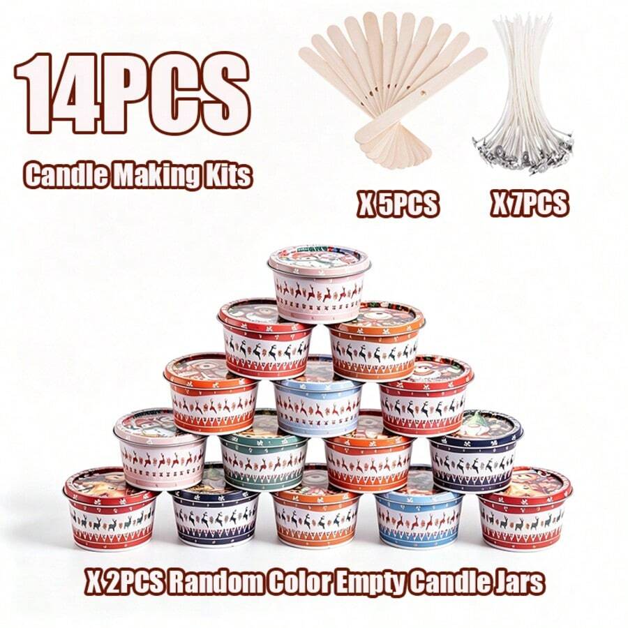 14 pièces/Set Kit de fabrication de bougies, comprend 2 pots à bougies vides de couleurs aléatoires, 5 supports de mèche et 7 mèches. Ces pots à bougies vides à thème de Noël présentent un design de couvercle scellé, parfait pour fabriquer des bougies ou ranger de petits objets. - C-14 pièces/ensemble - Voir 1