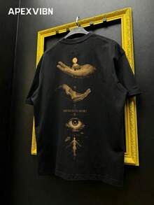 Dark God's Eye Palm Print T-Shirt, High Street Vintage Loose Black Short Sleeve - Black - View 2