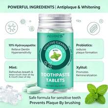 1 Botol (40 Tablet) Tablet Pasta Gigi ADJANISS, Mengandung Hidroksiapatit dan Xylitol, Membersihkan Gigi dengan Lembut Tanpa Menyebabkan Sensitivitas, Mendorong Remineralisasi, Pembersihan Mendalam, Nafas Segar, Cocok untuk Semua Orang Dewasa, Ukuran Praktis untuk Bepergian - Mint - View 4