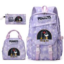 Miniso 3Pcs Purple Tie Dye Star Basketball Peanuts Snoopy Backpack Set, Rucksack With Thermal Lunch Bag & Pencil Case For Travel Picnic Outdoor - Mauve Purple - View 4