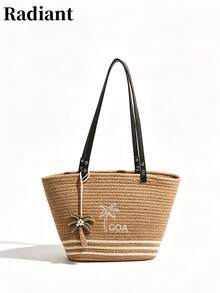 Borsa tote in paglia da donna, ricamo di alberi di cocco con ciondolo di perline, borsa a spalla casual estiva da spiaggia - Cachi - Visualizzare 8