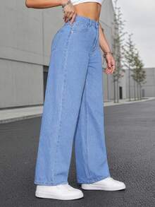 Jeans casuales de pierna recta y corte holgado para mujer, Pantalones vaqueros para mujer de pierna ancha y ajuste holgado con bolsillos para uso diario - Azul - Ver 3