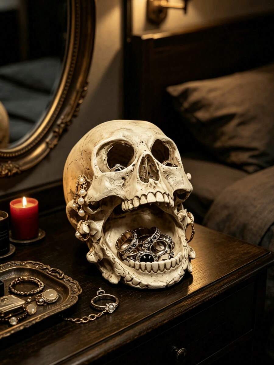 1pc Gothic Distressed Skull Jewelry Display Stand, Multi-Functional Vintage Resin Ring & Earring Storage Tray, Suitable For Vanity, Jewelry Store Display, Halloween Party Decor, Tattoo Studio & Boutique Display - 1PC - View 1