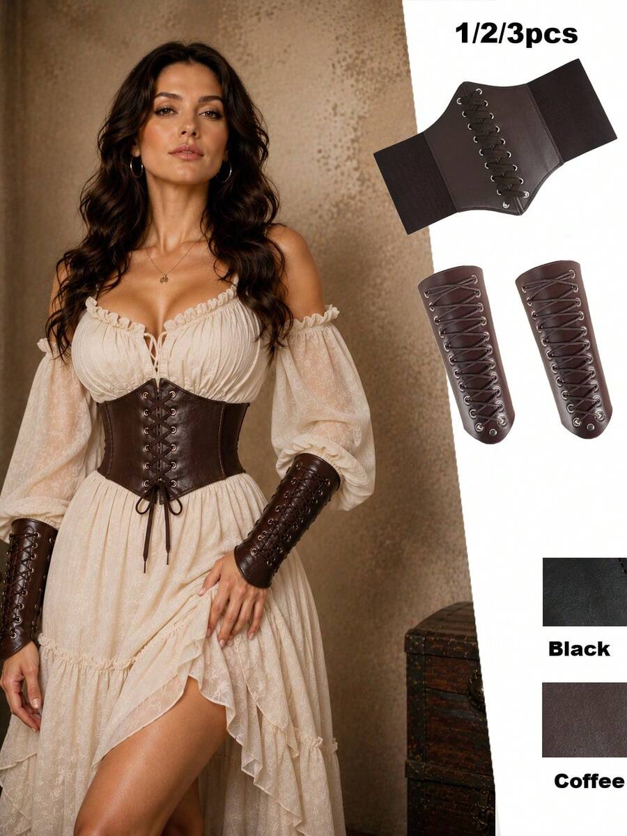 1/2/3PCS Women's Wide Waist Belt & Wrist Guard Set, Wide Waist Belt & Wrist Guard Combination Set Suitable For Daily Wear, Halloween Cosplay, Etc. - Multicolor - View 1