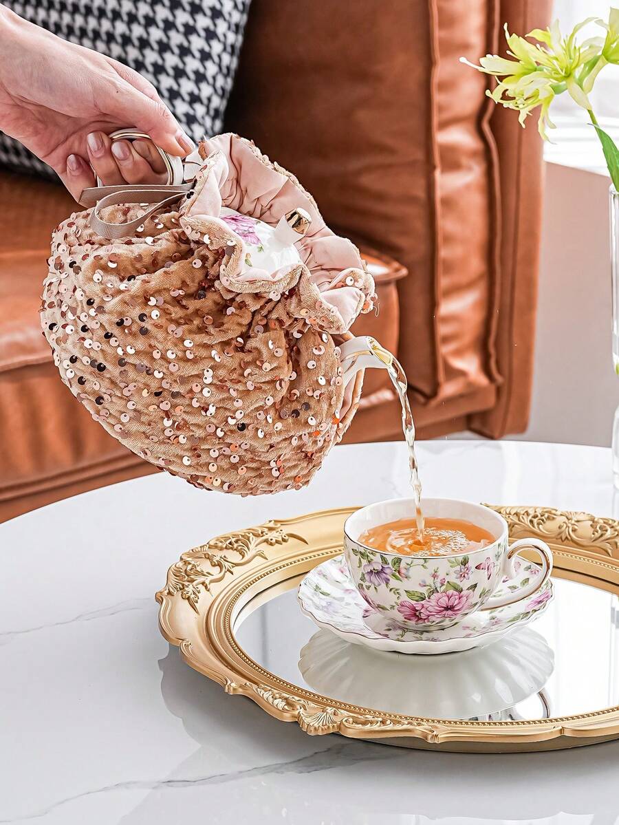 1pc Beaded Decor Teapot Cozy, Champagne Color - Multicolor - View 1