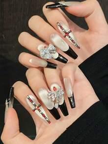 10pcs Handmade Coffin Shape Press-On Nails, Exquisite Fake Nails, High-End Black French Style, With Spherical Cat Eye, Layered Rhinestones, Cross And Wing Design, Elegant And Luxurious, Light Luxury Heavy Craftsmanship Handmade Wearable Nails, Suitable For Women - Champagne - View 4