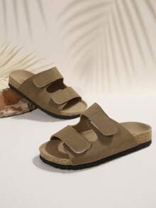 1 Pair Khaki Matte Finish Double Hook & Loop Kids Fashion Slippers Flat Bottom Lightweight Adjustable - Khaki - View 2