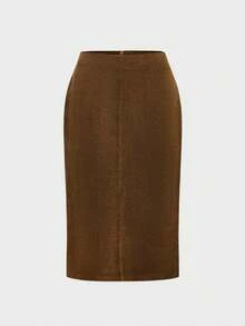 QUNGIGU Women's Old Money Style Suede Straight Skirt, Suitable For Daily Commute, Office And Casual Outfits - Brown - View 7