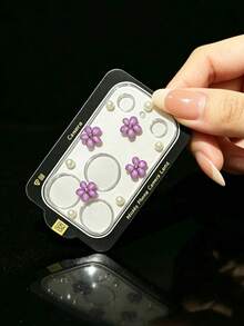 時尚可愛 3D 粉色花朵珍珠透明玻璃相機鏡頭保護膜，適用於 iPhone 17 Pro Max 17 Pro - 珍珠紫色花朵 - 查看 4