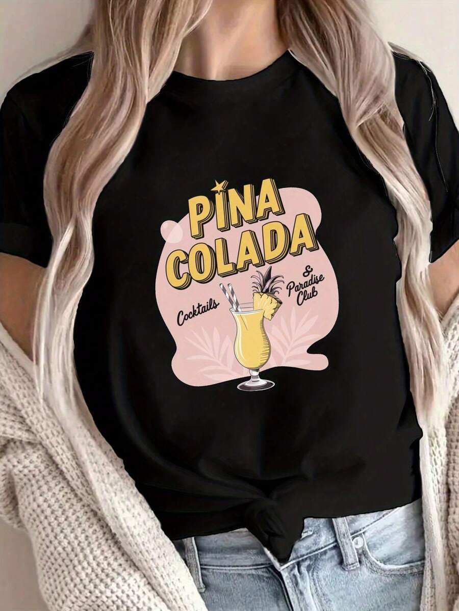 Casual Short-Sleeve Crew Neck T-Shirt Featuring A  Colada Print, Perfect For Spring And Summer, Designed For Women - Black - View 1