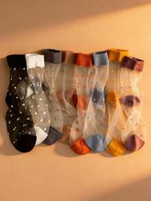 1/3/5/8 Pairs Mixed Color Women's Glass Fiber Mid-Calf Socks, Ultra-Thin Breathable Summer Glass Fiber Women's Socks, Crystal Glass Transparent Polka Dot Mid-Calf Socks - Multicolor - View 1