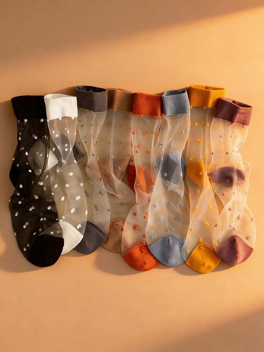 1/3/5/8 Pairs Mixed Color Women's Glass Fiber Mid-Calf Socks, Ultra-Thin Breathable Summer Glass Fiber Women's Socks, Crystal Glass Transparent Polka Dot Mid-Calf Socks - Multicolor - View 1