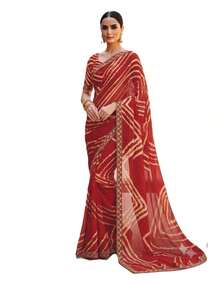 Estationeryhouse Chiffon Saree With Coloured Stripes With Unstitched Blouse - Red - View 3