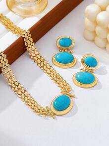 2pcs Bohemian Style Textured Turquoise & Gold Tone Necklace And Earrings Set, Elegant Jewelry Suit For Women, Suitable For Party, Banquet, Vacation And Commute - Blue - View 7