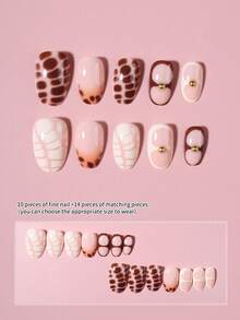 24pcs Y2K Short Oval Leopard & Brown French Tip Acrylic Press-On Nails, Gold Pearl Design, Perfect Fit Fake Nail Set, Includes 1pc Jelly Glue And 1pc Nail File, Suitable For Women And Girls Daily And Party Use - Multicolor - View 3