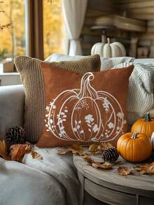 1/2/4pcs Caramel Brown Vintage Pumpkin Print Decorative Pillow Covers, White Line Wildflower Pumpkin Square Cushion Covers, Suitable For Autumn, Thanksgiving, Country Farmhouse Sofa Home Decor - Multicolor - View 10
