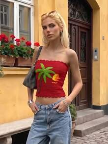 AELITH Women's Crochet Knit Tropical Embroidered Tube Top, Cute Summer Vacation Style, Beach Style - Burnt Orange - View 1