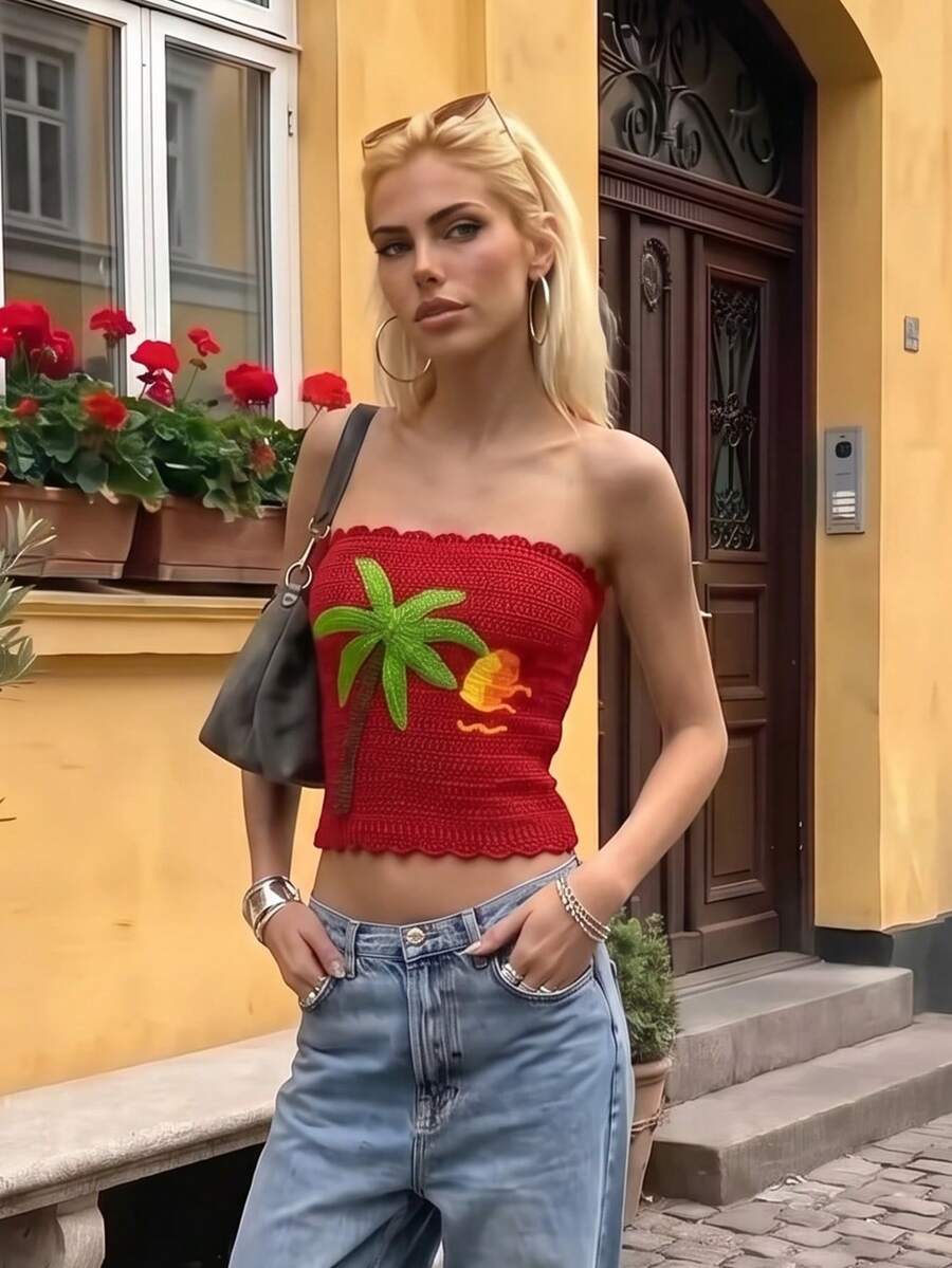 AELITH Women's Crochet Knit Tropical Embroidered Tube Top, Cute Summer Vacation Style, Beach Style - Burnt Orange - View 1