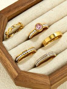 5pcs Elegant Stainless Steel Round Double-Row Rhinestone Pink Zirconia Women's Ring Set, Suitable For Daily Wear, Dating, Confession, Engagement, Wedding Accessories - Gold - View 8