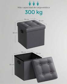 SONGMICS Puff Almacenaje de 38, Banco de Almacenamiento Plegable con Tapa, Reposapiés, Carga de 300 kg, Gris Pizarra MLSF030G01 PXGX - Blanco - Ver 3