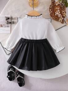 Baby Girl Spring/Autumn Black & White Sweet & Spicy Style Ruffle Collar Flounce Hem Shirt-Style Top With Color Block Faux Leather Big Bow A-Line Skirt Long Sleeve Dress - Black - View 3