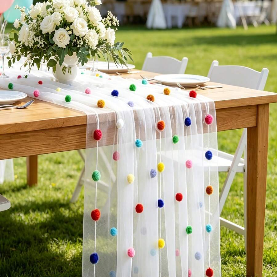 Cute Party Tablecloth With 3D Velvet Pom Poms, Colorful Polka Dot Confetti Tulle Table Runner, Macaron Color Mesh Tulle Rainbow Table Decor, Suitable For Birthday, Wedding, Home, Baptism Party