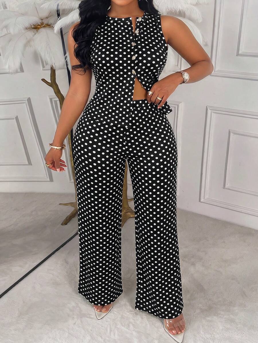 AIJ Amarilo Women's Plus Size Zebra Print Set, Sleeveless Button Round Neck Top & Wide Leg Pants – Dot - Black Background With White Dots - View 1