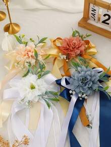 Multi-Colored Wedding Car Decoration, Featuring Simulated Broken Peony Bowknots Paired With Long Satin Ribbons, Elegant Rearview Mirror Floral Decorations, And Wedding Ceremony Supplies - 1PC - View 13