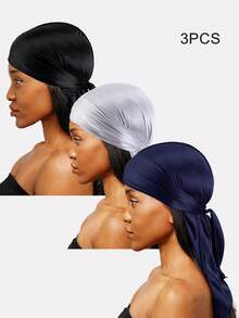 3pcs Women's Faux Silk Satin Long Ponytail Pirate Hats, Suitable For Daily Wear - Black/Wine Red/Navy Blue - View 13
