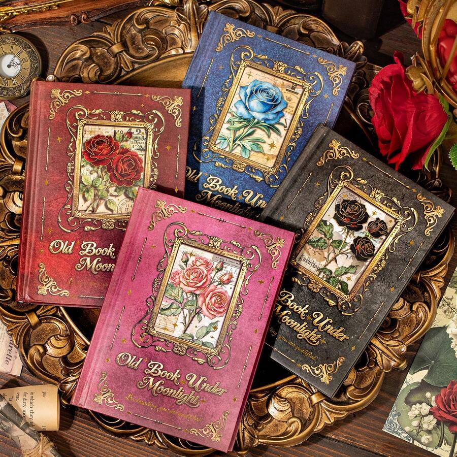 Moonfall Vintage Book Rose Pattern Gold Foil Colored Page A6 Notebook European Retro Luxurious Hardcover Journal - 1 Set - View 1