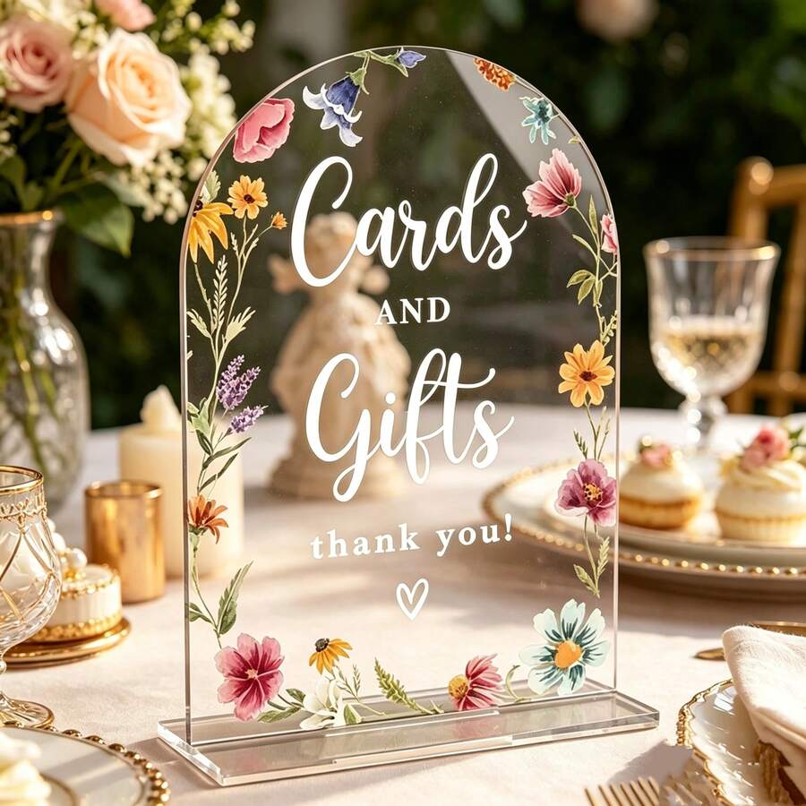 2D Flat Modern Calligraphy Acrylic Wedding Sign, Wildflower Arch Shape Tabletop Display, Printed With "Cards & Gifts"; Transparent And Durable Tabletop Decor, Easy To Clean, Suitable For Wedding Welcome Area, Party And Various Events, Ideal Tabletop Decoration For Bridal Shower, Anniversary Celebration - View 1