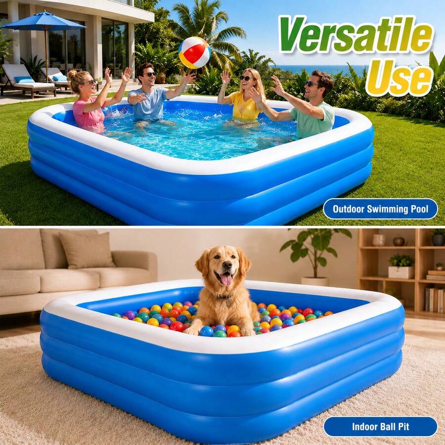 1pc Extra Large Inflatable Swimming Pool, Thickened Wear-Resistant Leak-Proof Inflatable Water Pool, Portable Foldable Full-Size Adult Pool, Suitable For Backyard Garden Patio Lawn Summer Water Party Outdoor Family Entertainment - Blue - View 1