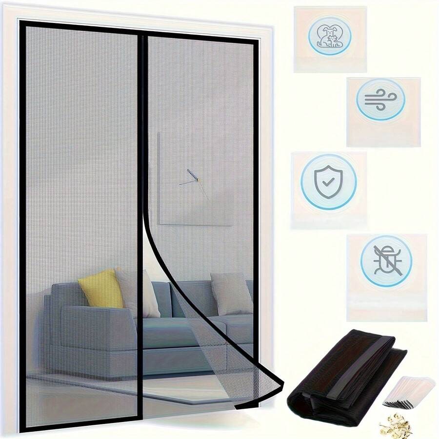 Black Magnetic Middle Split Door Curtain, Mosquito Screen Curtain, Home Self-Install Mosquito Net, No Drilling Required, Easy Installation, Summer Use - Magnetic Door Curtain - View 1